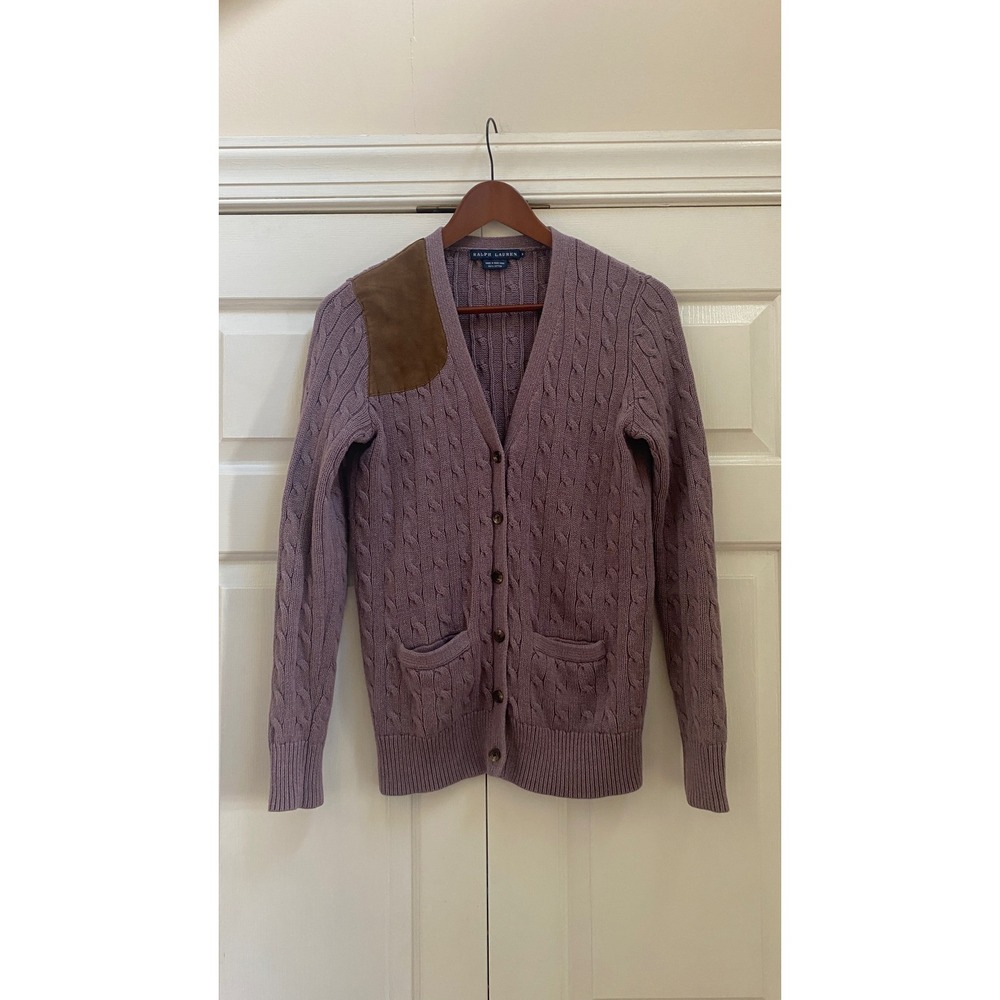 Ralph Lauren Cardigan Women M Purple Cable Knit Suede Patch Cotton Old Money